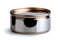 Metallic round container with copper trim and polished chrome finish on white background, isolated product photography for commercial use.