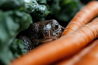 Curious frog peeking through fresh orange carrots in garden setting, macro photography with selective focus highlighting amphibian's textured skin and bright eyes.