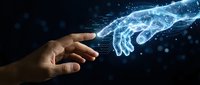 Human hand reaching toward glowing digital AI hand in futuristic technology connection concept for artificial intelligence and human interaction.