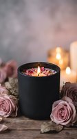 Luxury black candle with rose petals and flame surrounded by dusty pink roses on rustic wooden surface creating romantic spa atmosphere for relaxation.