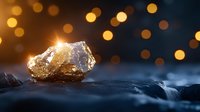 Raw golden nugget glowing on dark textured surface with magical bokeh lights in background, creating mystical atmosphere for luxury and wealth concepts.