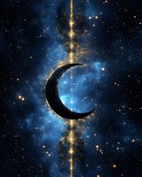 Mystical crescent moon silhouette against starry night sky with golden light beam and blue nebula clouds, creating magical celestial atmosphere for spiritual designs.