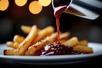 Pouring rich red ketchup sauce over golden crispy french fries on white plate with warm bokeh lights creating cozy restaurant atmosphere for food photography.