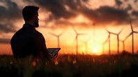 Silhouette of bearded man holding digital tablet against wind turbine farm at dramatic orange sunset, representing renewable energy and sustainable future.