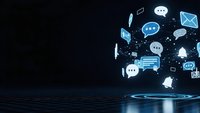 Digital communication icons floating above water surface with glowing chat bubbles, email symbols and messaging elements on dark background for technology concepts.