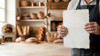 Baker holding blank white paper in bakery shop with bread and pastries on shelves behind, ready for menu or promotional text.