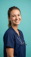 Happy young Caucasian female nurse in blue scrubs with stethoscope smiling at camera against turquoise background for healthcare marketing materials.