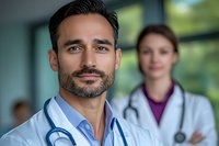 Confident male doctor with stethoscope in foreground, female colleague blurred in background, representing healthcare professionals in modern medical facility.