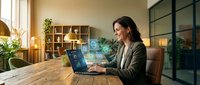 Woman with long dark hair and olive complexion, wearing a professional blazer, working at a wooden desk with a laptop displaying digital holographic data visualizations. Modern office interior with warm lighting, shelving, and plants. Suitable for business technology, data analysis, and corporate workspace concepts.