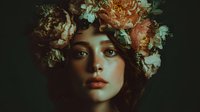 Young woman with floral crown of peach and white peonies against dark background, creating dramatic contrast for fashion or artistic portrait photography.