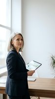 Confident mature businesswoman with gray hair holding tablet with financial charts in modern office workspace for corporate presentations.