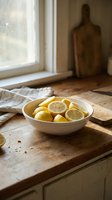 Fresh sliced lemons in a white ceramic bowl on a rustic wooden kitchen counter by a sunlit window with linen cloth.