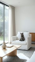 Gray tabby cat sitting on white armchair in modern minimalist living room with large windows and natural light for home decor and pet lifestyle concepts.