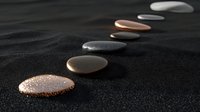 Zen stones path on black sand with water drops, featuring rose gold and gray pebbles creating peaceful composition for wellness and spa designs.