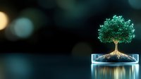 Glowing bonsai tree with exposed roots growing in glass container against dark background with bokeh lights, symbolizing growth, innovation and sustainability.