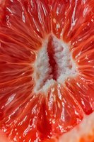 Fresh red grapefruit slice macro showing juicy pulp segments and textured flesh. Natural citrus fruit cross-section for healthy eating and nutrition content.