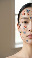 Young Asian woman with artistic golden floral branch face art featuring pink and blue flowers, creative beauty concept for fashion and wellness campaigns.