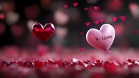 Romantic floating hearts against blurred dark background with scattered red heart confetti. Pink and red valentine hearts with bokeh effect create dreamy atmosphere.