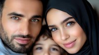 Young Middle Eastern couple in loving embrace, woman wearing black hijab smiling at camera with bright blue eyes, man with neat beard in casual attire showing affection.