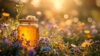 Fresh honey jar glowing in golden sunlight among wildflowers and daisies in meadow, natural organic food concept with dreamy bokeh background at sunset.
