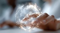 Digital network sphere floating above hand with glowing connections and nodes against blurred background, representing global connectivity and future technology.