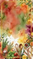 Watercolor cooking background with fresh herbs, kitchen utensils, and vibrant produce on white space, ideal for culinary designs, recipe cards, and food-related projects.