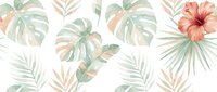 Tropical leaves and hibiscus flowers in soft watercolor style on white background. Seamless pattern tiles for wallpaper, fabric, and design projects.