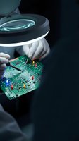 Technician in white gloves repairing circuit board under magnifying lamp in electronics laboratory for precision microsoldering and component analysis.