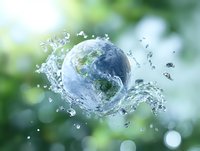 Planet Earth surrounded by dynamic water splash against green bokeh background, symbolizing environmental conservation and global water resources.