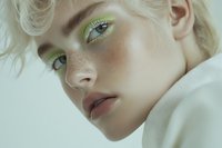 Close-up portrait of a young Caucasian woman with freckles, blonde hair, and bold lime green eye makeup on a neutral background.