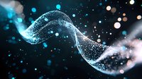 Glowing spiral wave of particles with blue and white light effects against dark background creates futuristic science visualization for technology concepts.