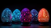 Glowing digital eggs with circuit board patterns in vibrant neon colors blue, purple and red on black background. Modern technology concept for Easter season.