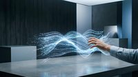 Young male professional in business attire interacting with glowing digital wave data visualization, representing technology, innovation, and data analysis in modern office environment.