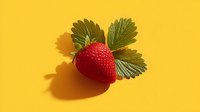 Fresh ripe strawberry with green leaves isolated on bright yellow background casting shadow. Healthy organic fruit for summer recipes and food design.