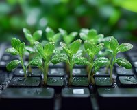 Young green seedlings growing in plastic nursery cells with water droplets on leaves against blurred background. Fresh sprouts in starter tray for gardening and agriculture.