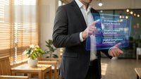 Professional businessman in suit presenting digital technology interface with AI-powered legal research and smart contract automation in modern office.