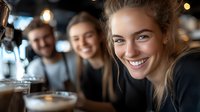 Young blonde woman smiling at camera in cafe setting with friends in background, warm ambient lighting creates cozy atmosphere. Natural candid moment captures joy and connection.