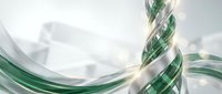 Elegant green and silver twisted glass ribbon with glowing light effects on a soft white background, conveying luxury and modern design.