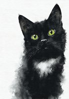 Watercolor portrait of black cat with white chest patch and bright green eyes against white background, artistic pet illustration.