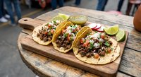 Three authentic Mexican street tacos with seasoned meat, fresh cilantro, onions and crumbled cheese on corn tortillas served on rustic wooden board with lime wedges.