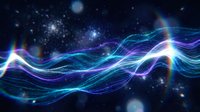 Abstract digital energy waves flowing through cosmic space with bright light effects and particle elements for technology backgrounds.