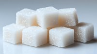 White sugar cubes stacked in composition on light gray background, macro photography showing crystal texture and soft shadows for food and beverage industry.