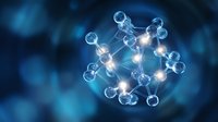 Glowing molecular structure with interconnected spheres and bright nodes on dark blue background, scientific visualization of atomic bonds and chemistry concept.