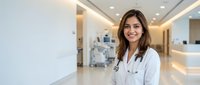 Young female doctor smiling confidently in modern hospital corridor wearing white medical coat with stethoscope, healthcare professional portrait.