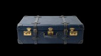 Vintage navy blue suitcase with brass latches and leather straps, isolated on transparent background. Ready for design use on t-shirts, clipart, stickers, print-on-demand products, and sublimation projects.