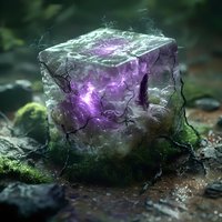 Mysterious glowing purple cube with cracked surface resting on mossy forest floor, emitting ethereal light in dark woodland setting.