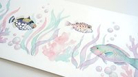 Watercolor underwater scene with tropical fish, coral reef, seaweed and bubbles in soft pastel colors for marine themed designs and decorations.