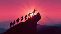Team of people climbing steep mountain cliff together at sunset with dramatic pink sky background for teamwork and leadership concepts.