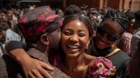 Joyful young woman with radiant smile embracing friends at cultural festival, wearing traditional patterned clothing amid vibrant crowd atmosphere.