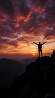 Silhouette of man with raised arms celebrating success on mountain peak at dramatic sunset with vibrant orange and purple clouds over landscape.